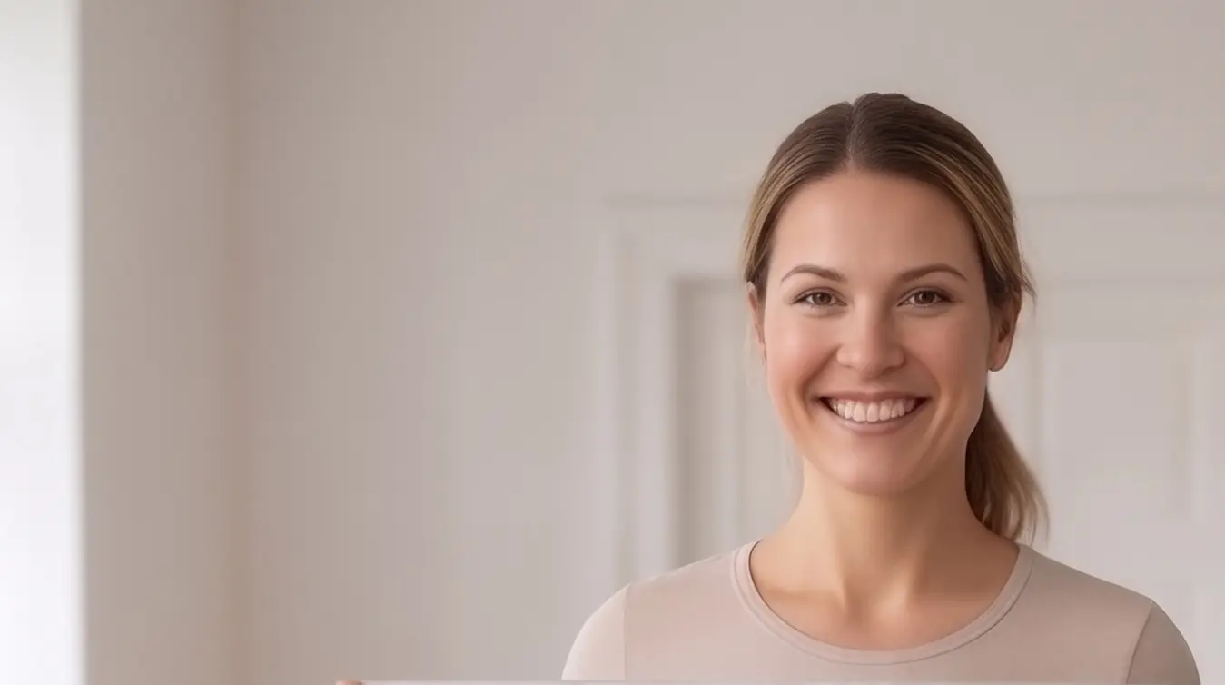 Leende kvinna med måttband hemma